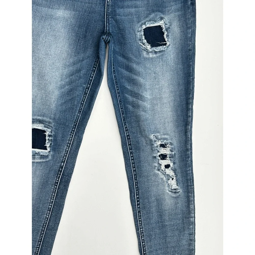Vanilla Star Mid Rise Skinny Distressed Jeans Women's Blue Denim Size 11 Y2K 90s